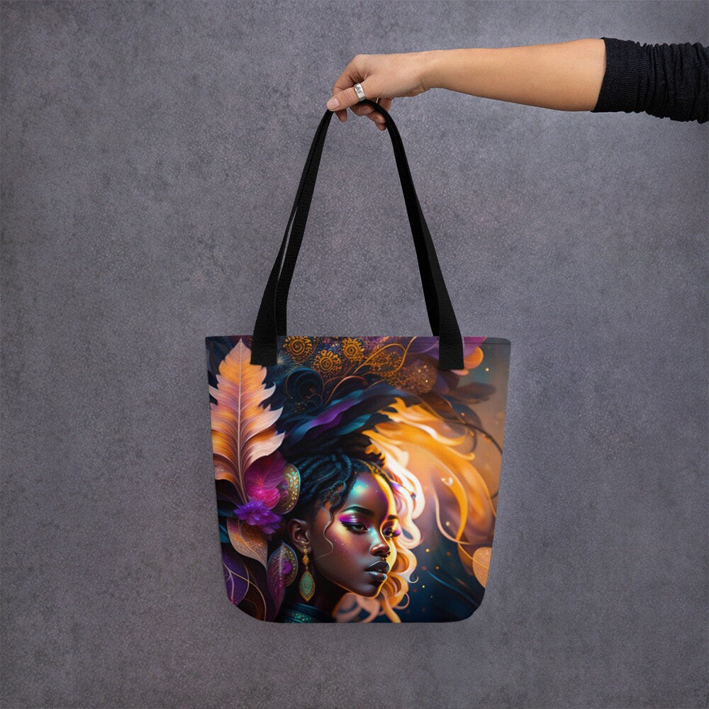 Tote Bag All Over Print Beautiful Black Woman Splash Art Png Image Strong Woman Colorful Bag Trendy Spring Summer Hand Bag Shopping Purse