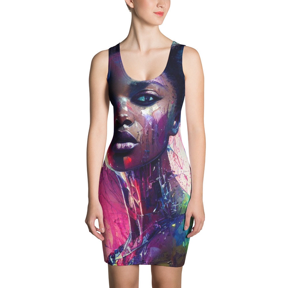 All Over Print Dress Beautiful Black Woman Image Splash Art Strong Woman Colorful Fitted Dress Sublimation Stretch Trendy Spring Summer
