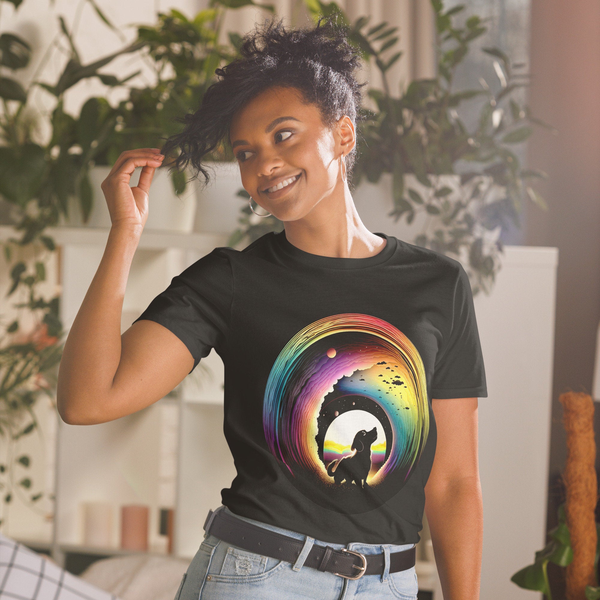 Mens Tshirt Rainbow Dog T-shirt Womens Black Shirt Trendy Tee Animal Lover Shirt Black Dog Tshirt For Men Grey Top For Women Plus Size DTG