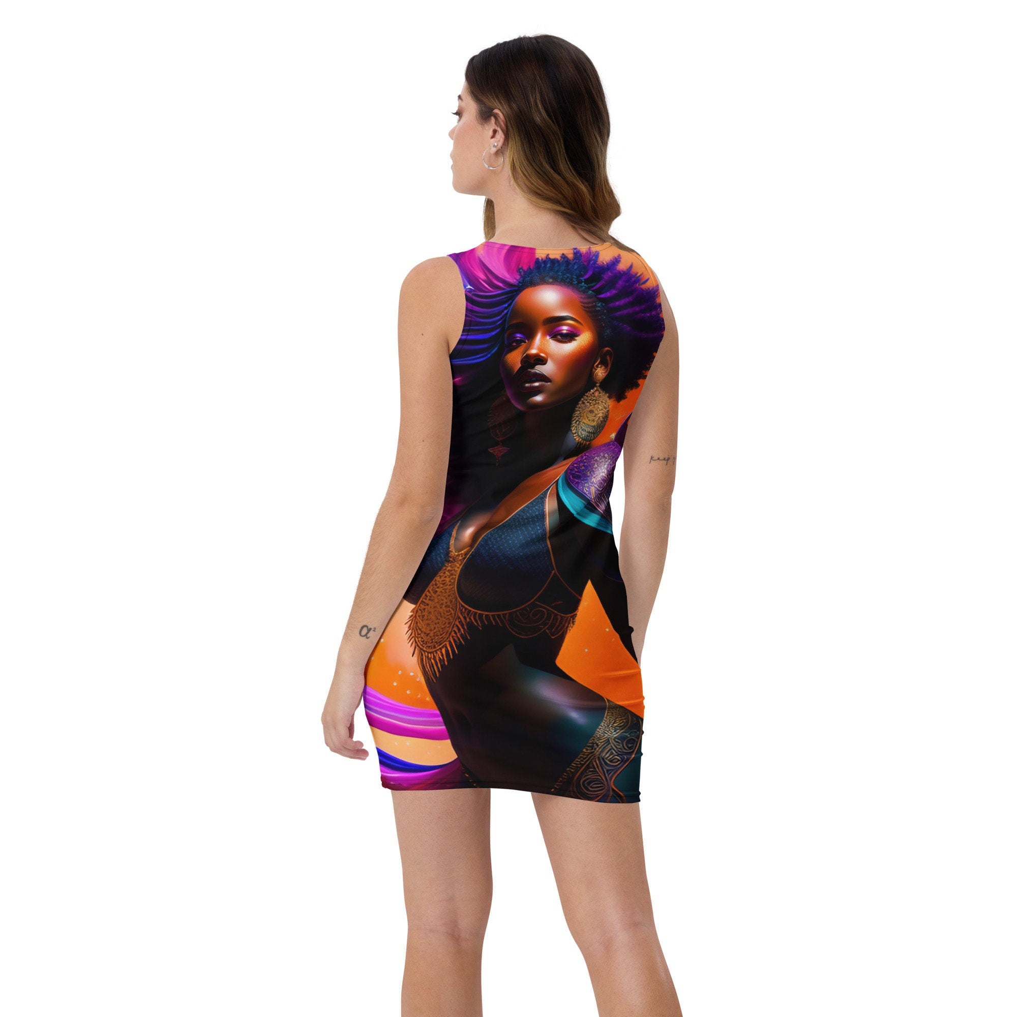 All Over Print Dress Beautiful Black Woman Splash Art Png Image Strong Woman Colorful Fitted Dress Stretch Trendy Spring Summer