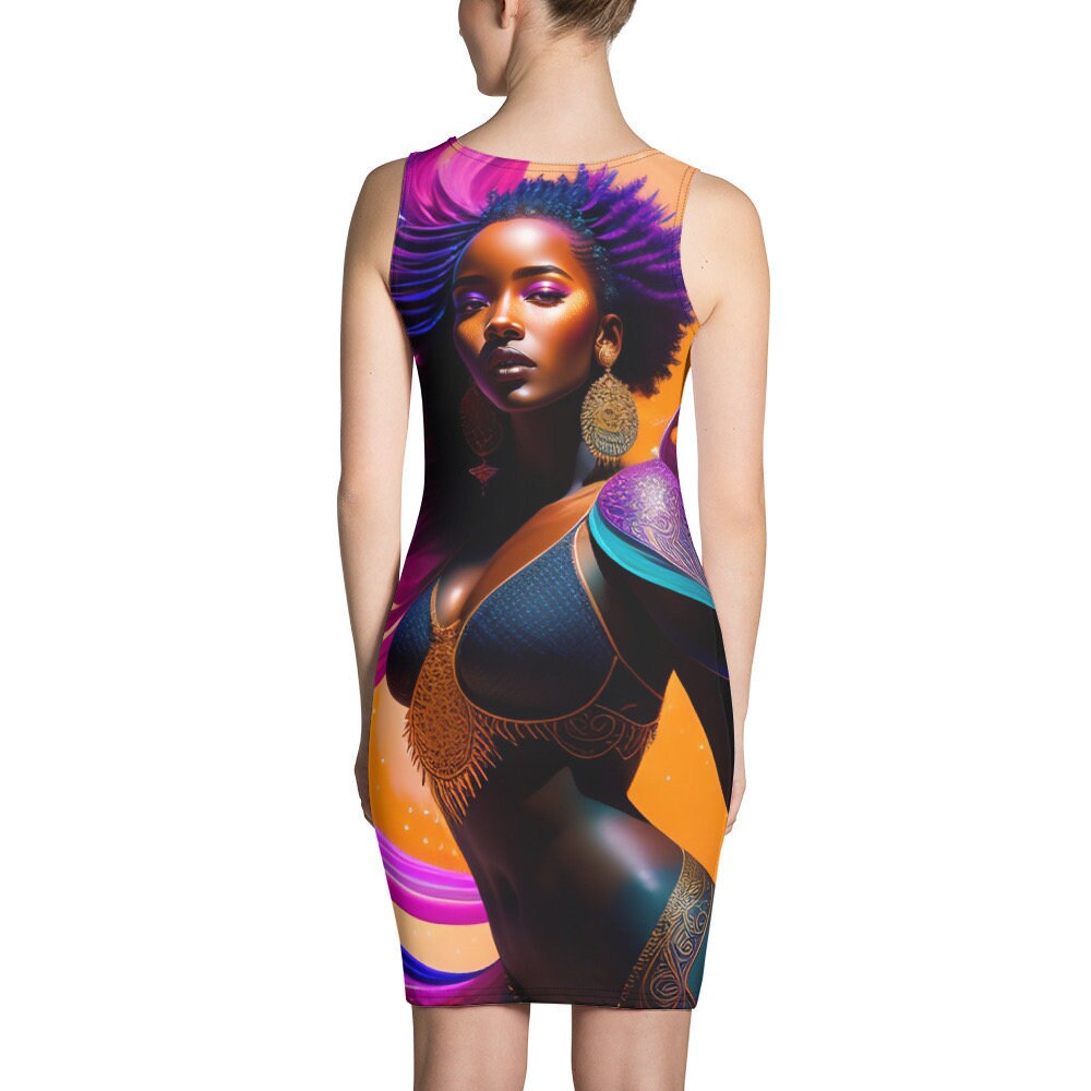 All Over Print Dress Beautiful Black Woman Splash Art Png Image Strong Woman Colorful Fitted Dress Stretch Trendy Spring Summer
