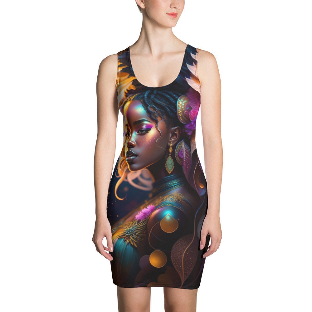 All Over Print Dress Beautiful Black Woman Sublimation Image Splash Art Strong Woman Colorful Fitted Dress Stretch Trendy Spring Summer