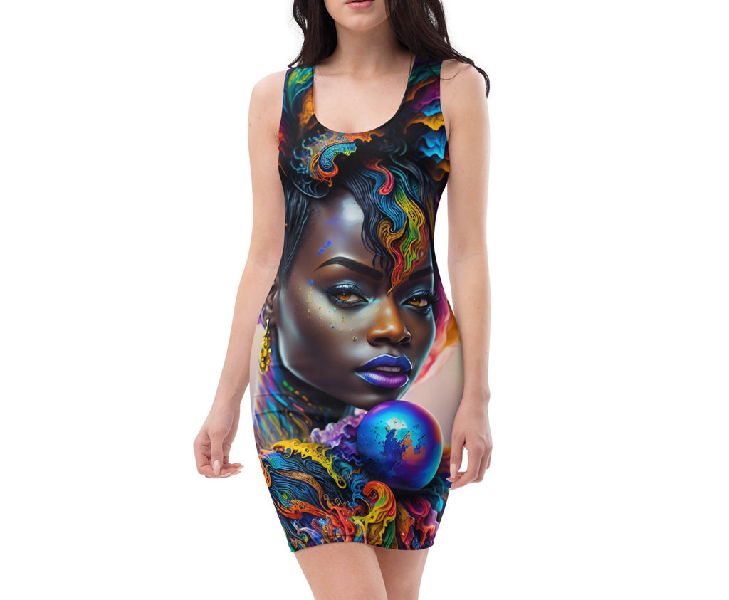Dress All Over Print Beautiful Black Woman Splash Art Image Strong Woman Colorful Fitted Dress Stretch Trendy Spring Summer