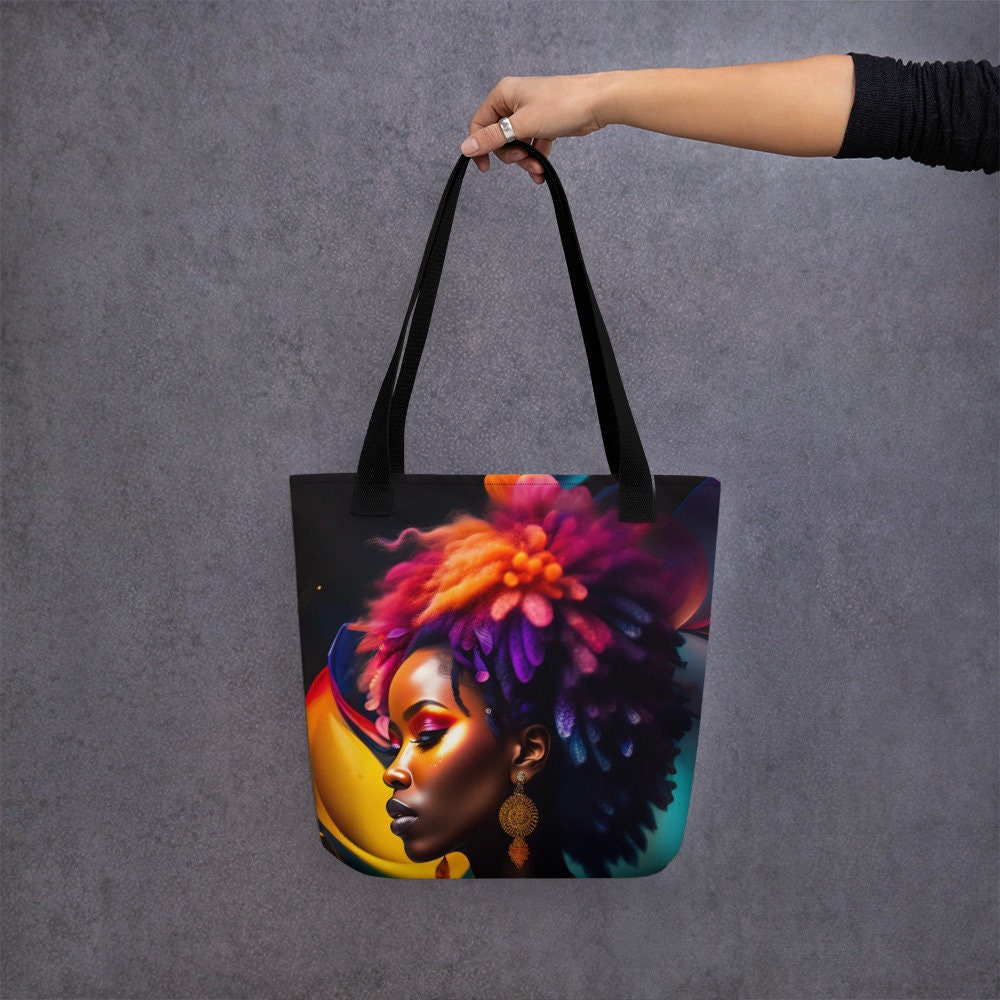 All Over Print Tote Bag Beautiful Black Woman Image Strong Woman Splash Art Colorful Bag Trendy Spring Summer Hand Bag Shopping Purse