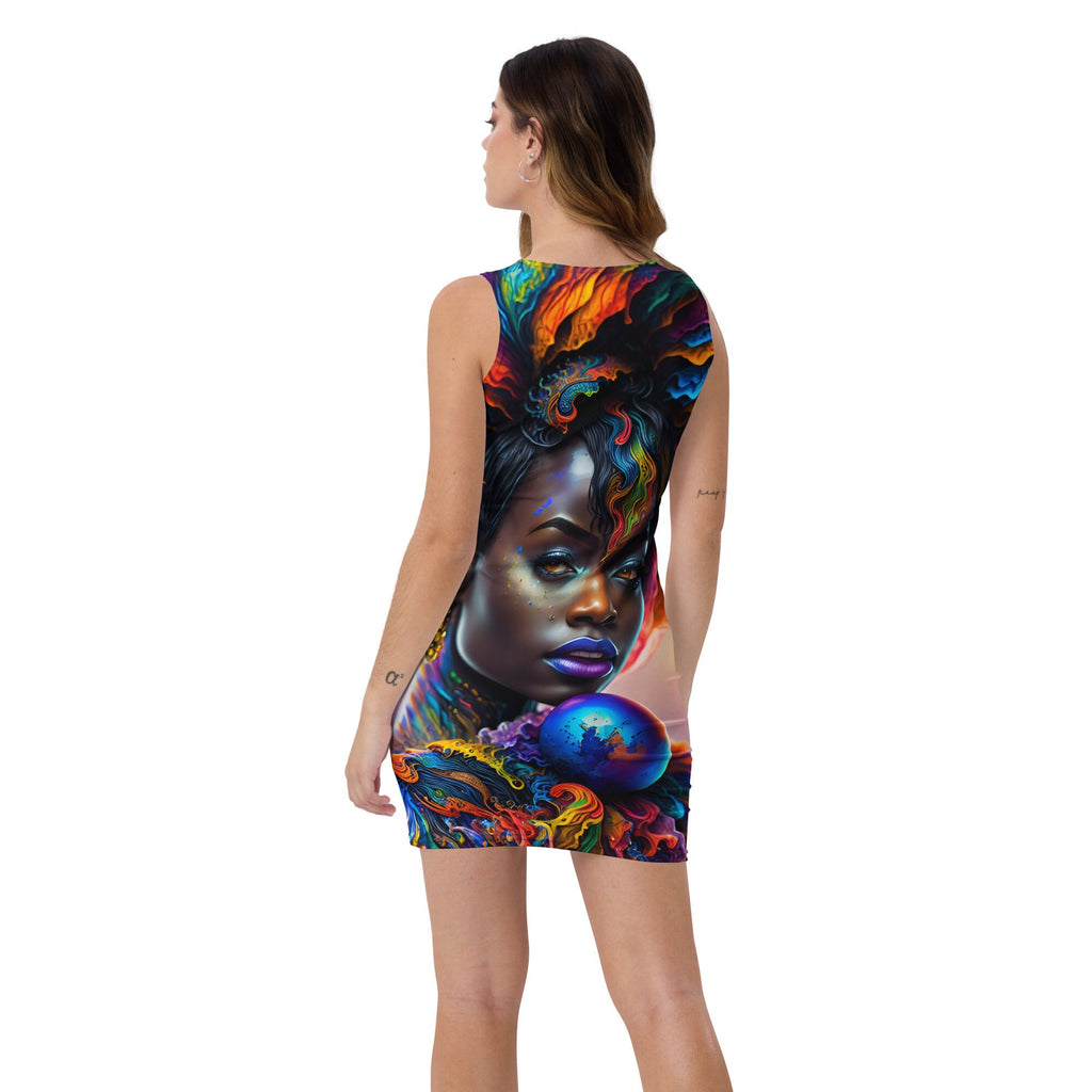 Dress All Over Print Beautiful Black Woman Splash Art Image Strong Woman Colorful Fitted Dress Stretch Trendy Spring Summer