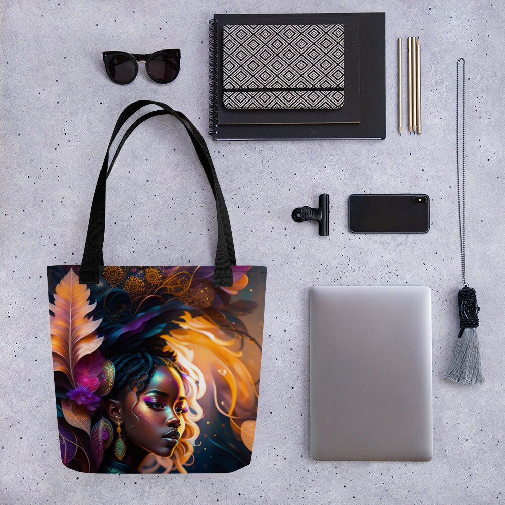 Tote Bag All Over Print Beautiful Black Woman Splash Art Png Image Strong Woman Colorful Bag Trendy Spring Summer Hand Bag Shopping Purse