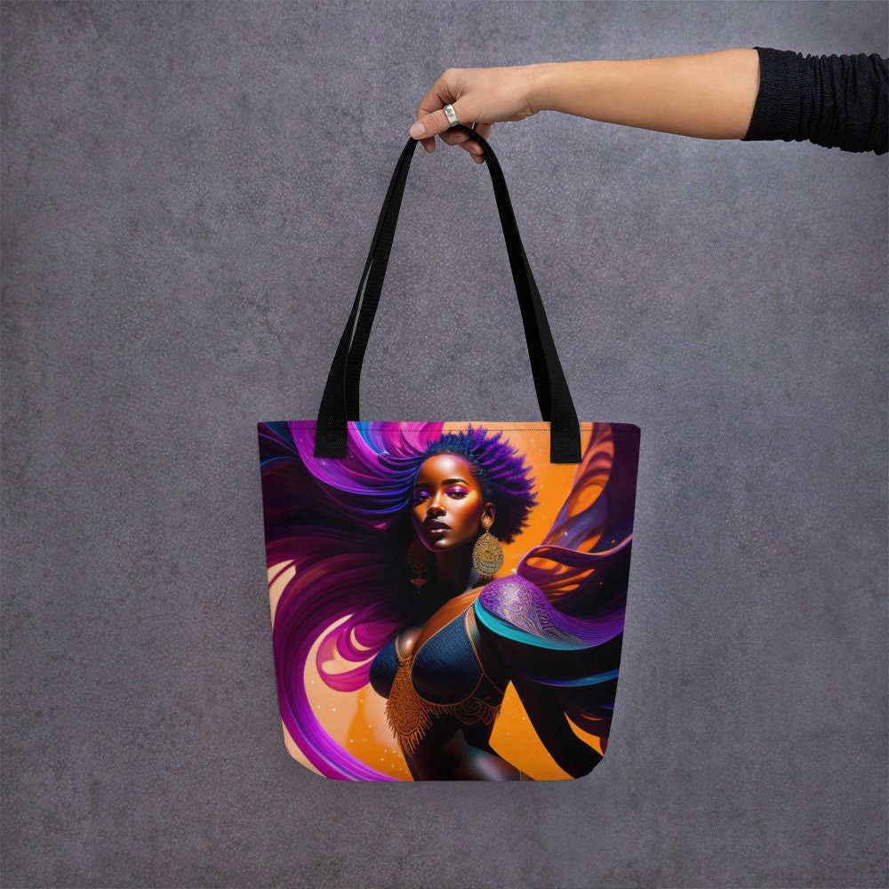 All Over Print Tote Bag Beautiful Black Woman Splash Art Png Image Strong Woman Colorful Bag Trendy Spring Summer Hand Bag Shopping Purse