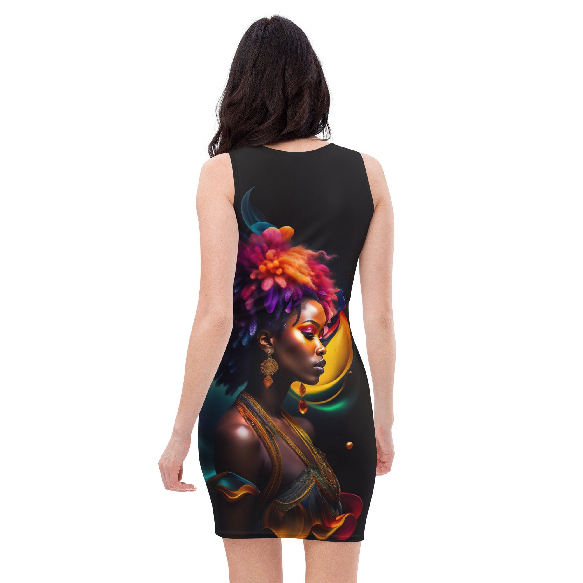 All Over Print Dress Beautiful Black Woman Image Sumblimation Splash Art Strong Woman Colorful Fitted Dress Stretch Trendy Spring Summer
