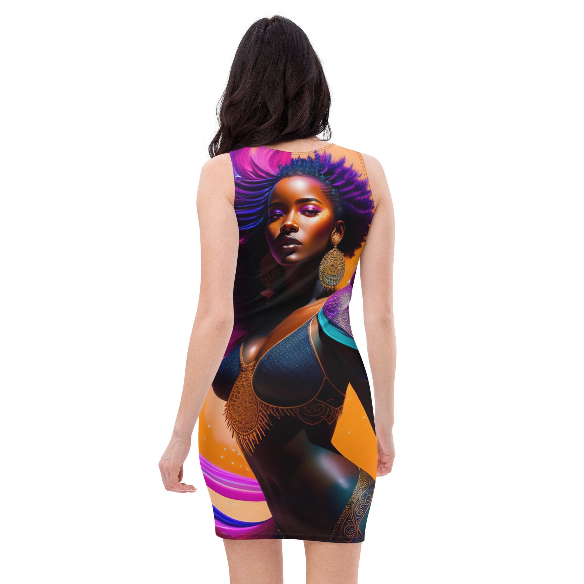 All Over Print Dress Beautiful Black Woman Splash Art Png Image Strong Woman Colorful Fitted Dress Stretch Trendy Spring Summer