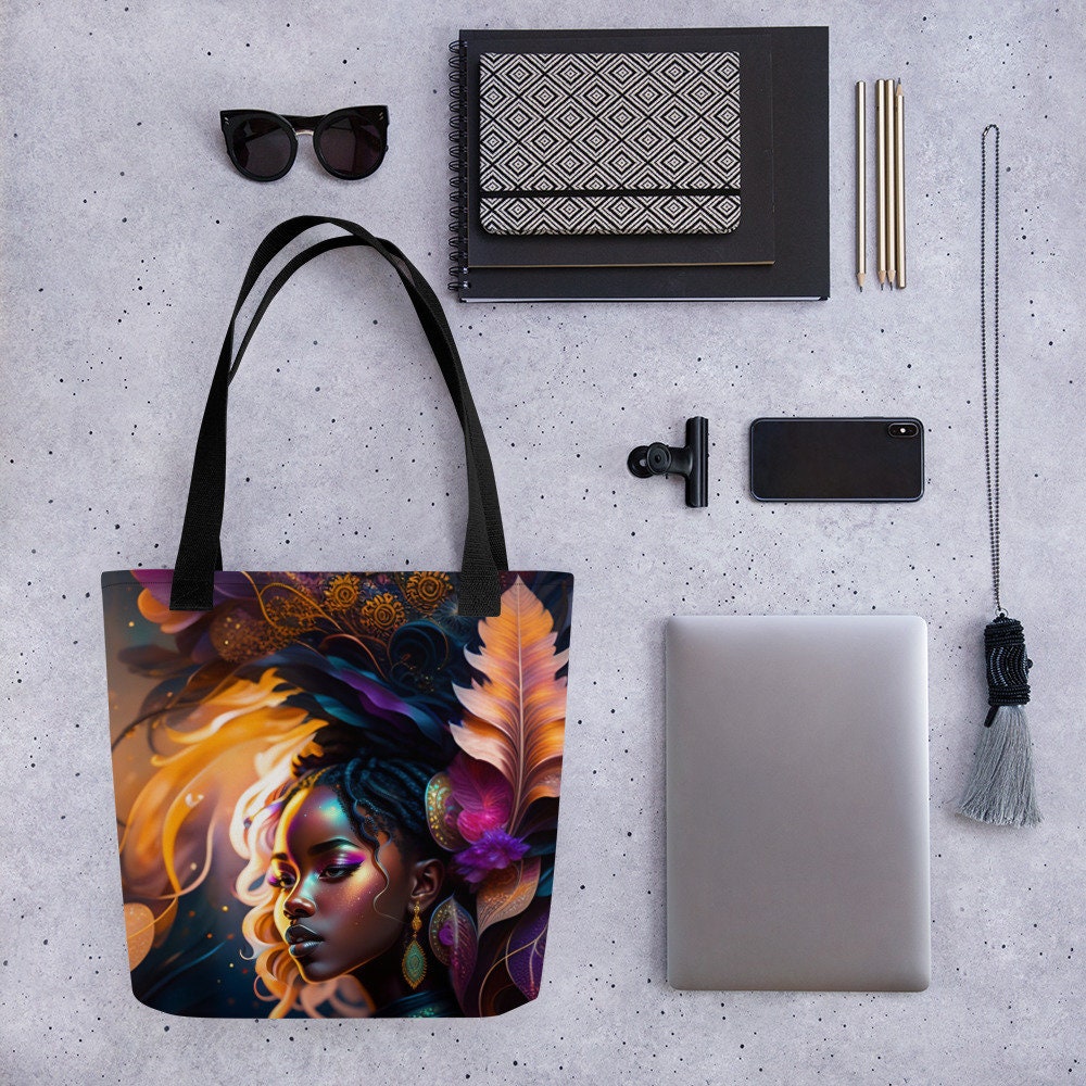 Tote Bag All Over Print Beautiful Black Woman Splash Art Png Image Strong Woman Colorful Bag Trendy Spring Summer Hand Bag Shopping Purse