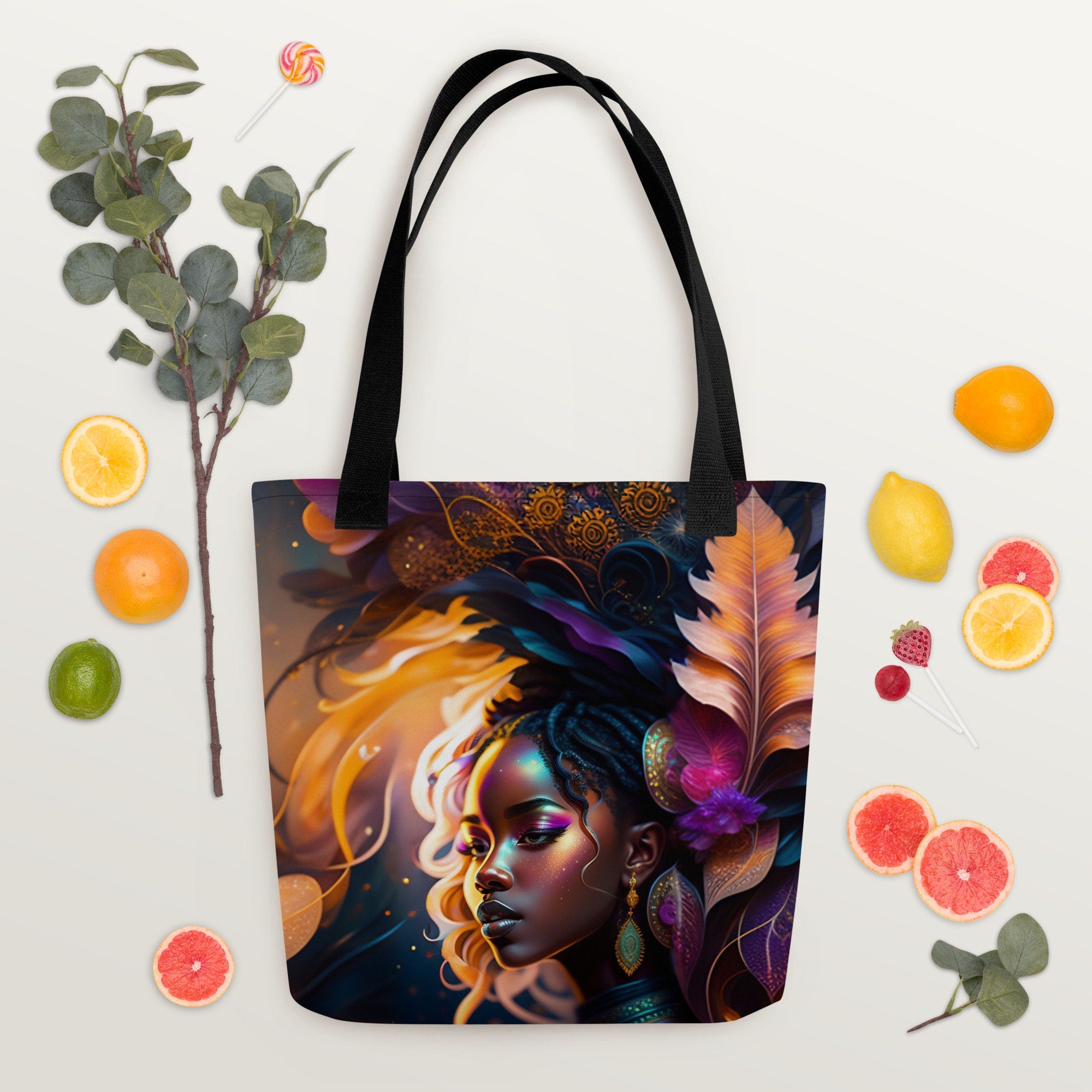 Tote Bag All Over Print Beautiful Black Woman Splash Art Png Image Strong Woman Colorful Bag Trendy Spring Summer Hand Bag Shopping Purse