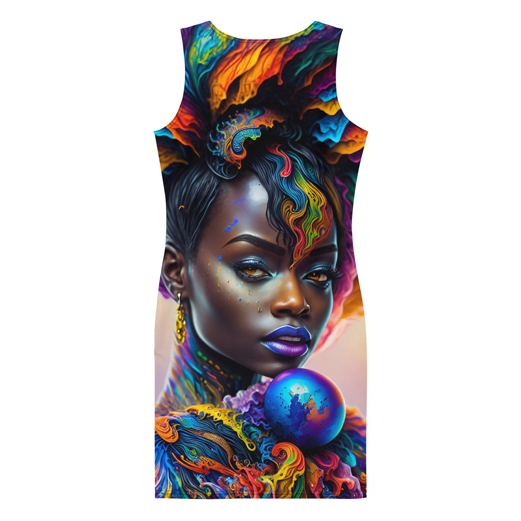 Dress All Over Print Beautiful Black Woman Splash Art Image Strong Woman Colorful Fitted Dress Stretch Trendy Spring Summer