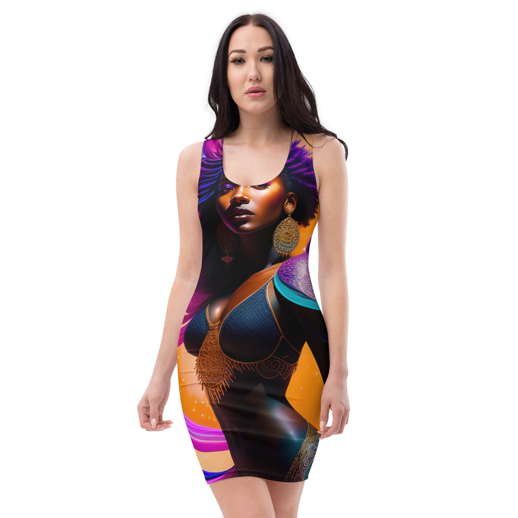 All Over Print Dress Beautiful Black Woman Splash Art Png Image Strong Woman Colorful Fitted Dress Stretch Trendy Spring Summer
