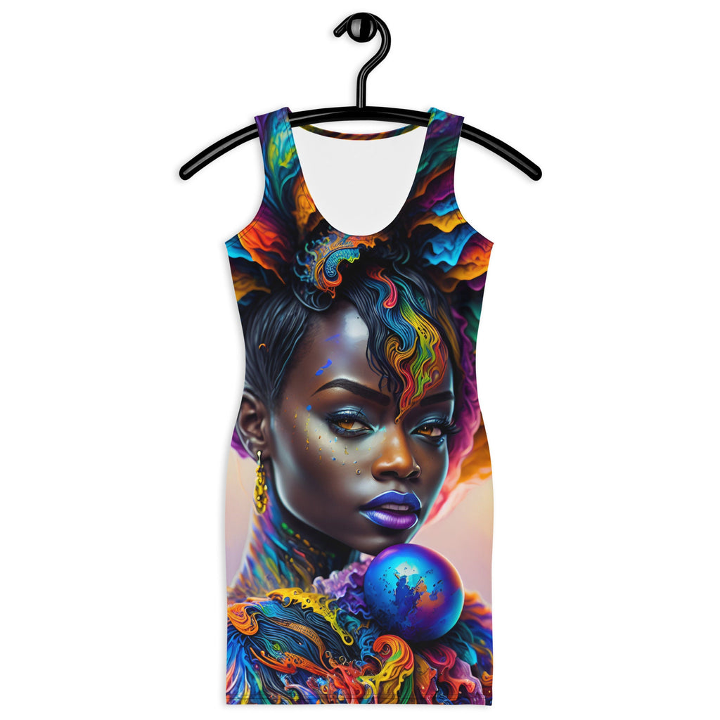 Dress All Over Print Beautiful Black Woman Splash Art Image Strong Woman Colorful Fitted Dress Stretch Trendy Spring Summer
