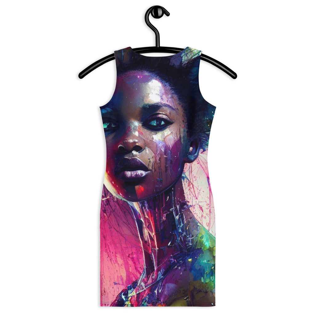 All Over Print Dress Beautiful Black Woman Image Splash Art Strong Woman Colorful Fitted Dress Sublimation Stretch Trendy Spring Summer