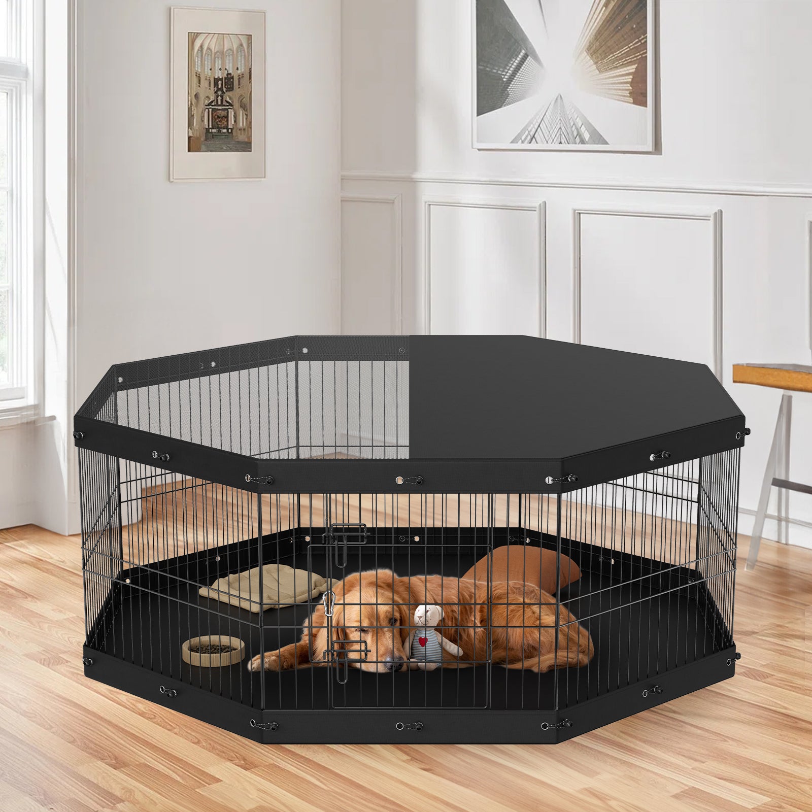 24" Adjustable Metal Pet Playpen – Portable 8-Panel Exercise Pen with Removable Mesh Cover & Ground Stakes for Dogs, Cats, and Small Pets