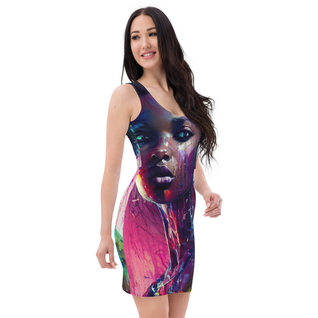 All Over Print Dress Beautiful Black Woman Image Splash Art Strong Woman Colorful Fitted Dress Sublimation Stretch Trendy Spring Summer