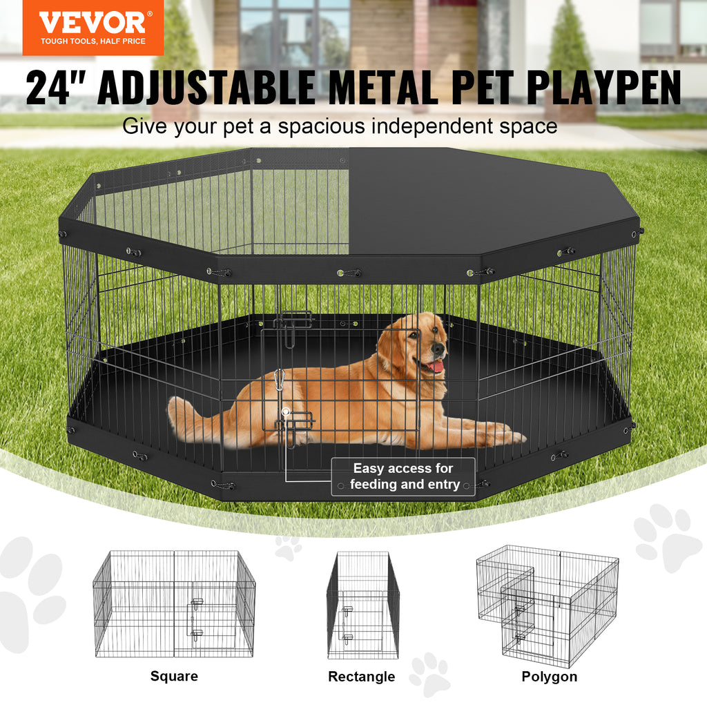 24" Adjustable Metal Pet Playpen – Portable 8-Panel Exercise Pen with Removable Mesh Cover & Ground Stakes for Dogs, Cats, and Small Pets