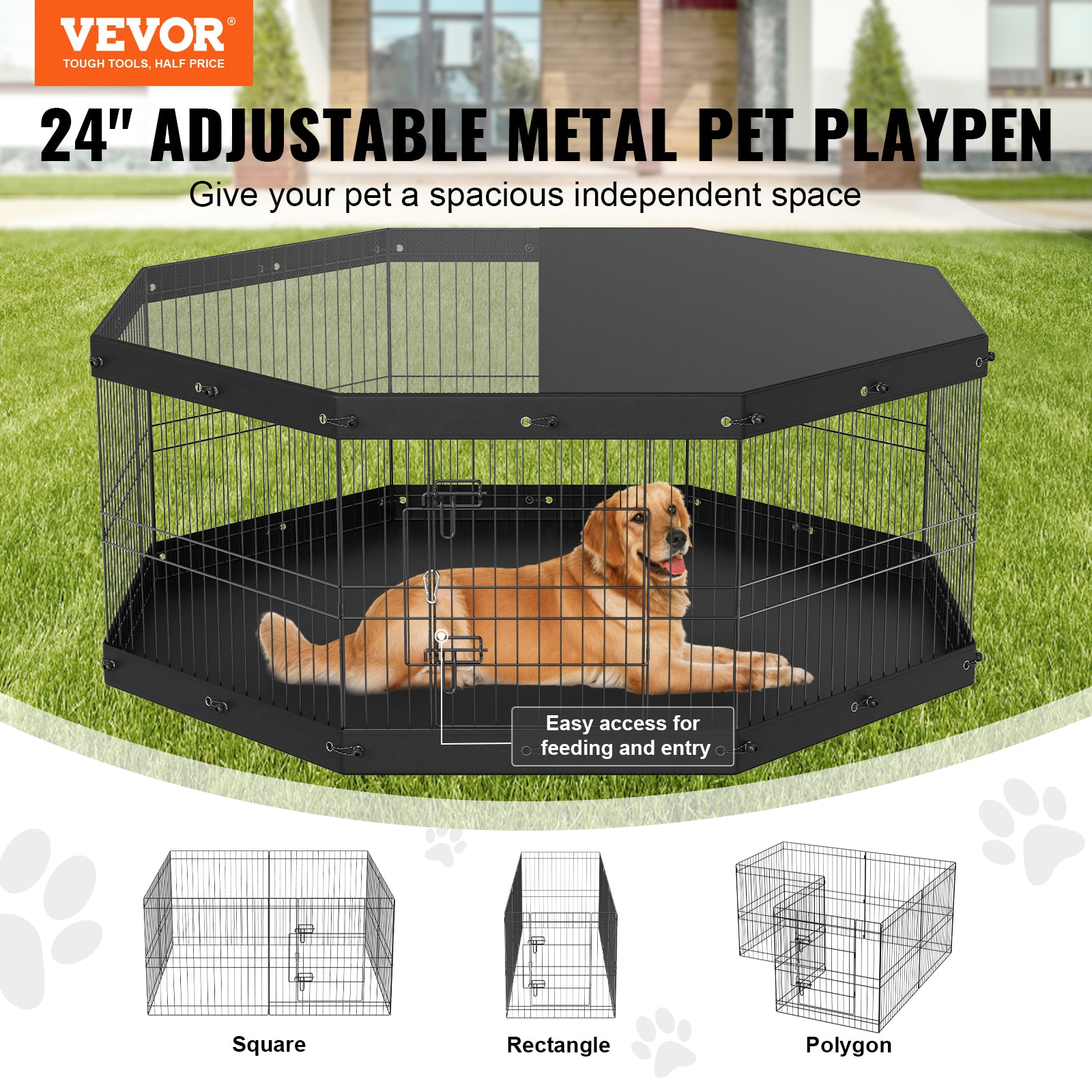 24" Adjustable Metal Pet Playpen – Portable 8-Panel Exercise Pen with Removable Mesh Cover & Ground Stakes for Dogs, Cats, and Small Pets