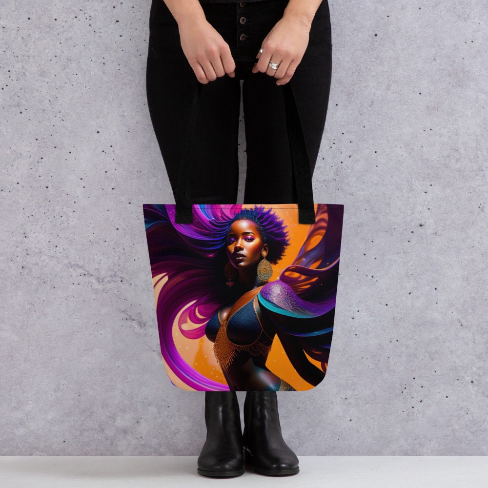 All Over Print Tote Bag Beautiful Black Woman Splash Art Png Image Strong Woman Colorful Bag Trendy Spring Summer Hand Bag Shopping Purse