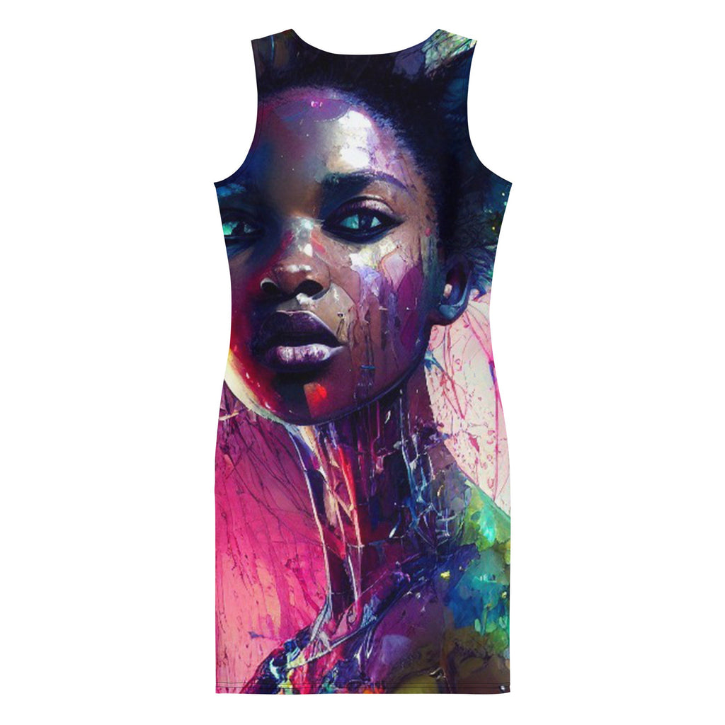 All Over Print Dress Beautiful Black Woman Image Splash Art Strong Woman Colorful Fitted Dress Sublimation Stretch Trendy Spring Summer