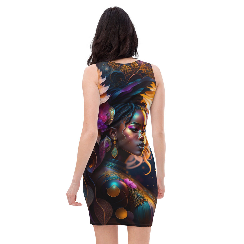 All Over Print Dress Beautiful Black Woman Sublimation Image Splash Art Strong Woman Colorful Fitted Dress Stretch Trendy Spring Summer