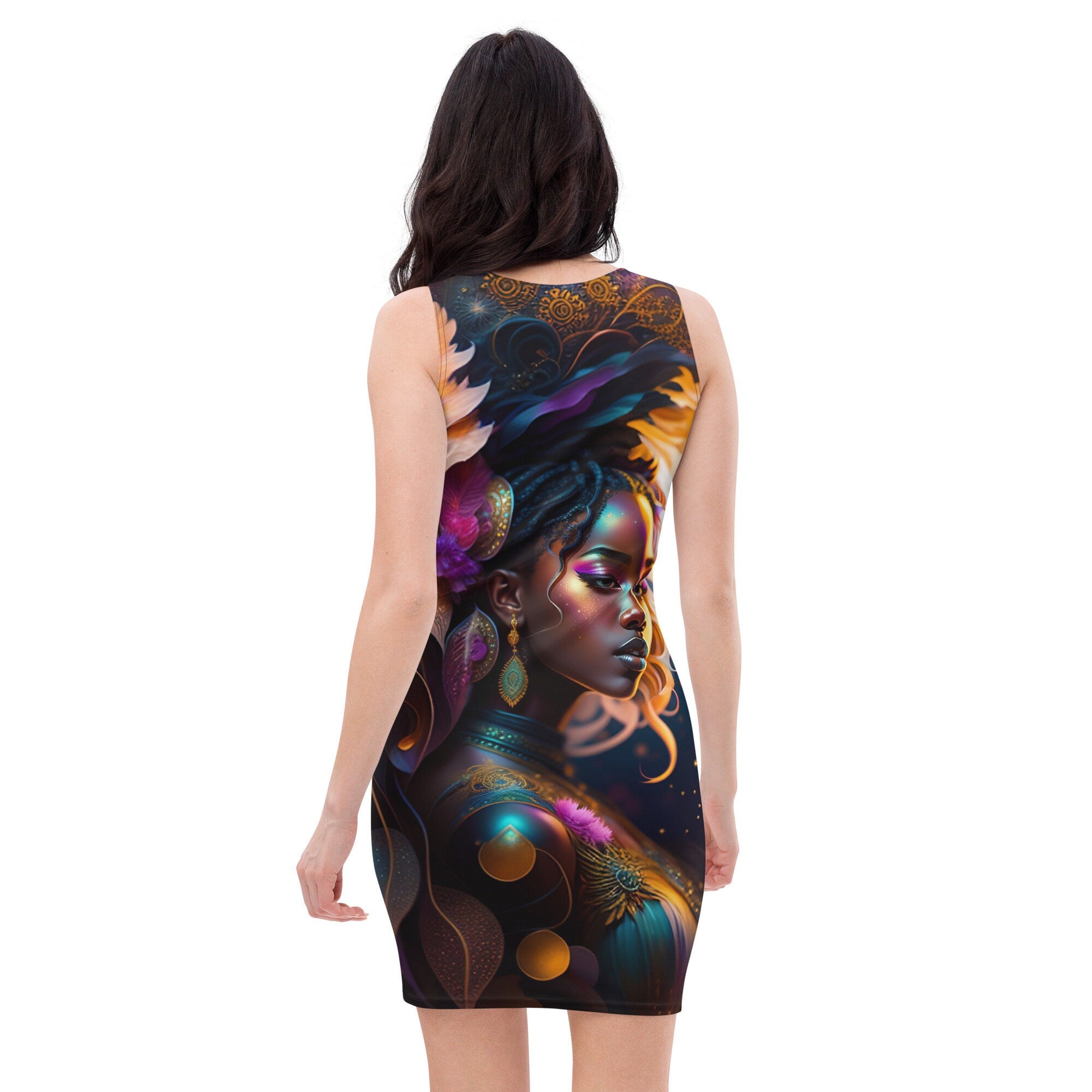 All Over Print Dress Beautiful Black Woman Sublimation Image Splash Art Strong Woman Colorful Fitted Dress Stretch Trendy Spring Summer