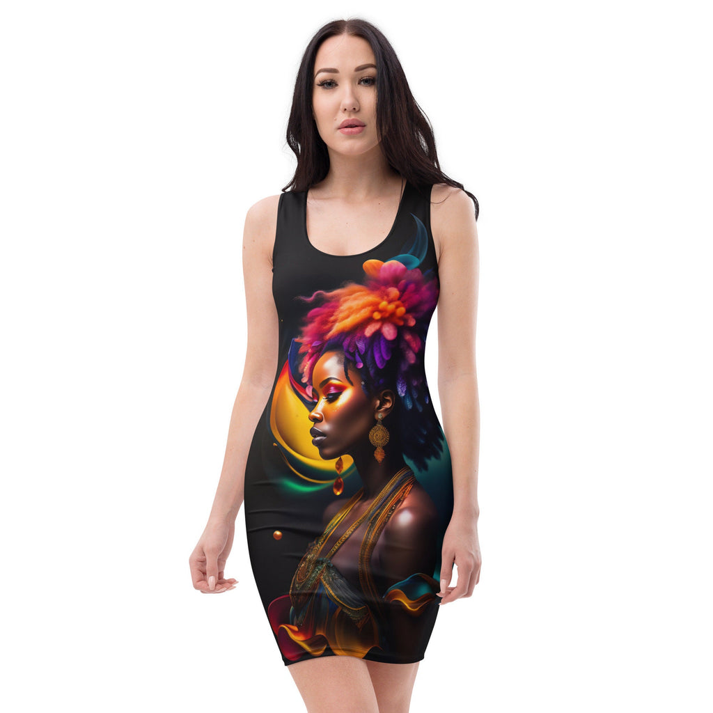All Over Print Dress Beautiful Black Woman Image Sumblimation Splash Art Strong Woman Colorful Fitted Dress Stretch Trendy Spring Summer