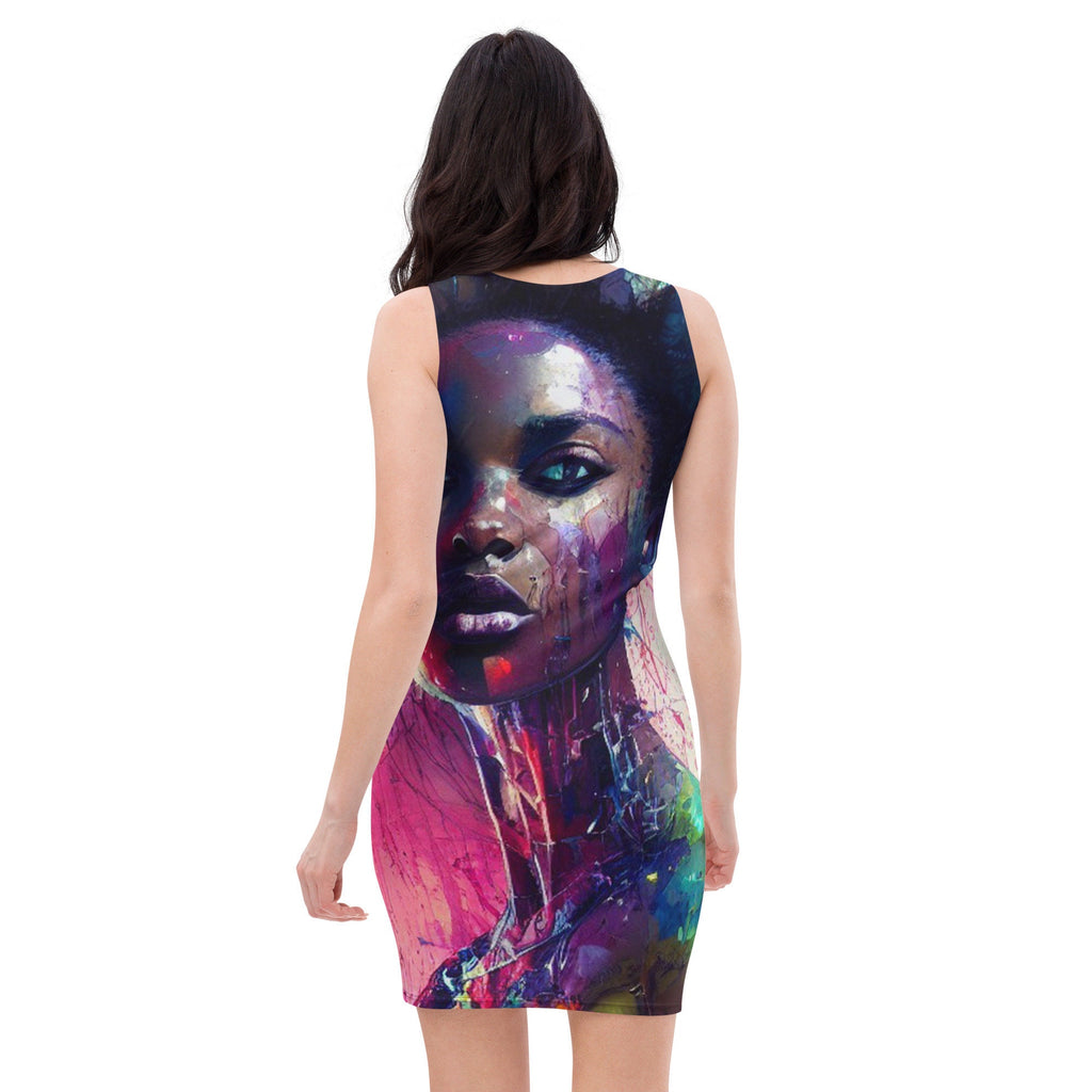 All Over Print Dress Beautiful Black Woman Image Splash Art Strong Woman Colorful Fitted Dress Sublimation Stretch Trendy Spring Summer