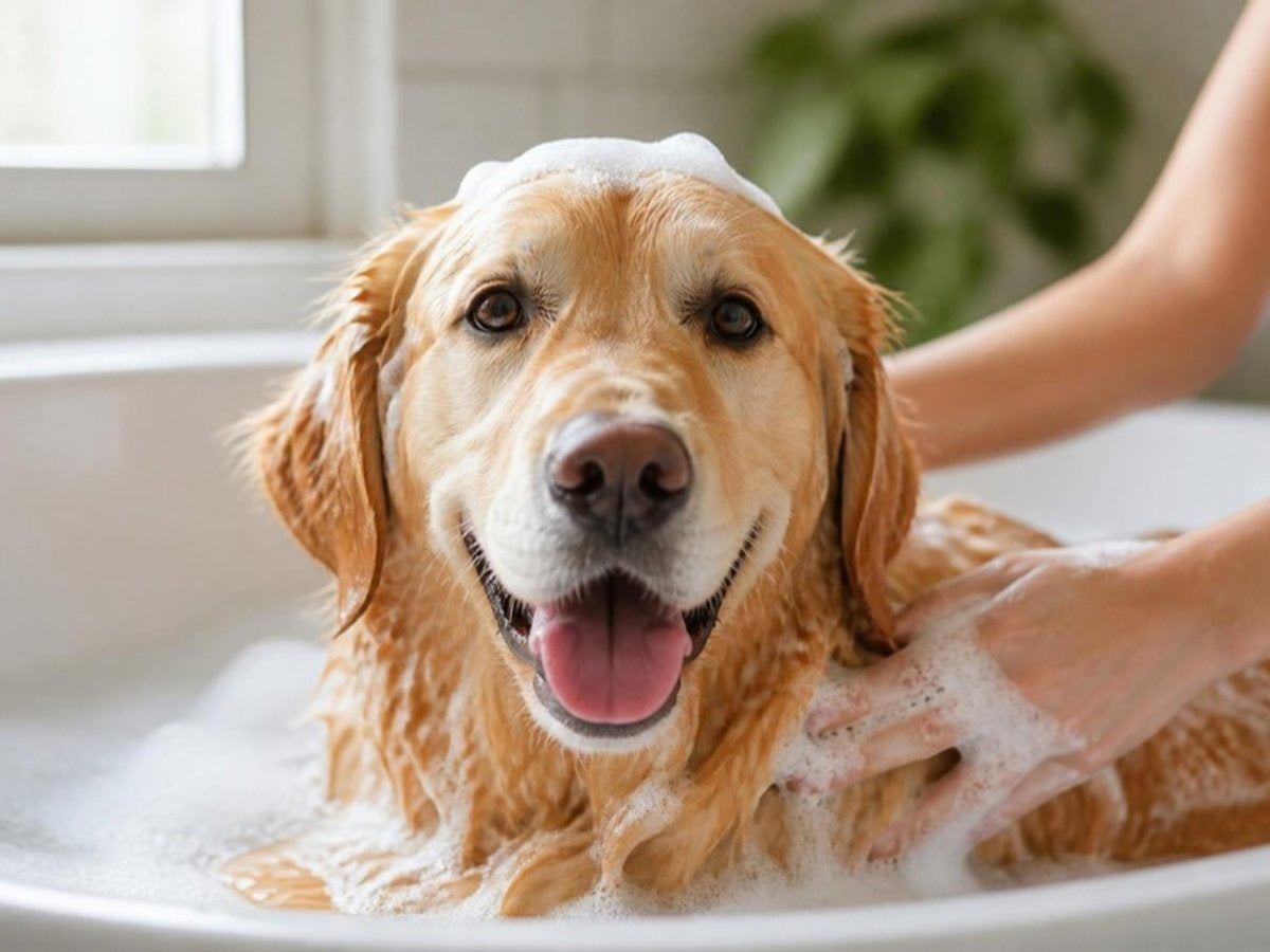 Illustrative photo of a dog getting a bath in a tub