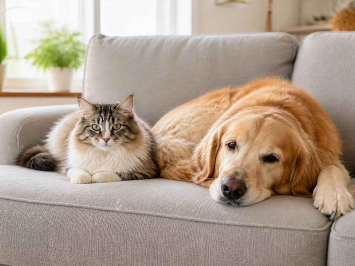 Illustrative photo of a cat and dog resting on a sofa