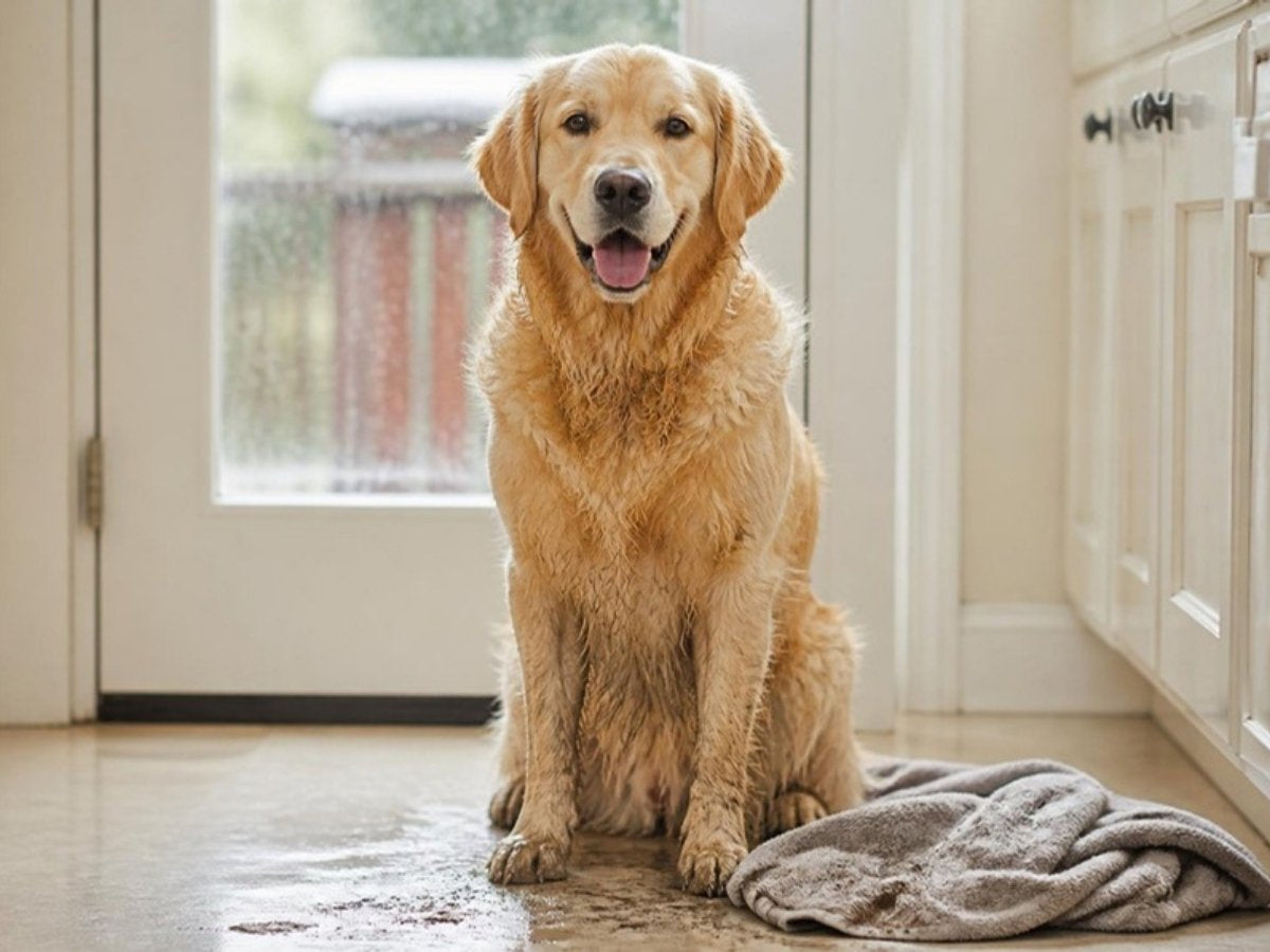 Illustrative photo of a dog with muddy paws on a clean kitchen floor