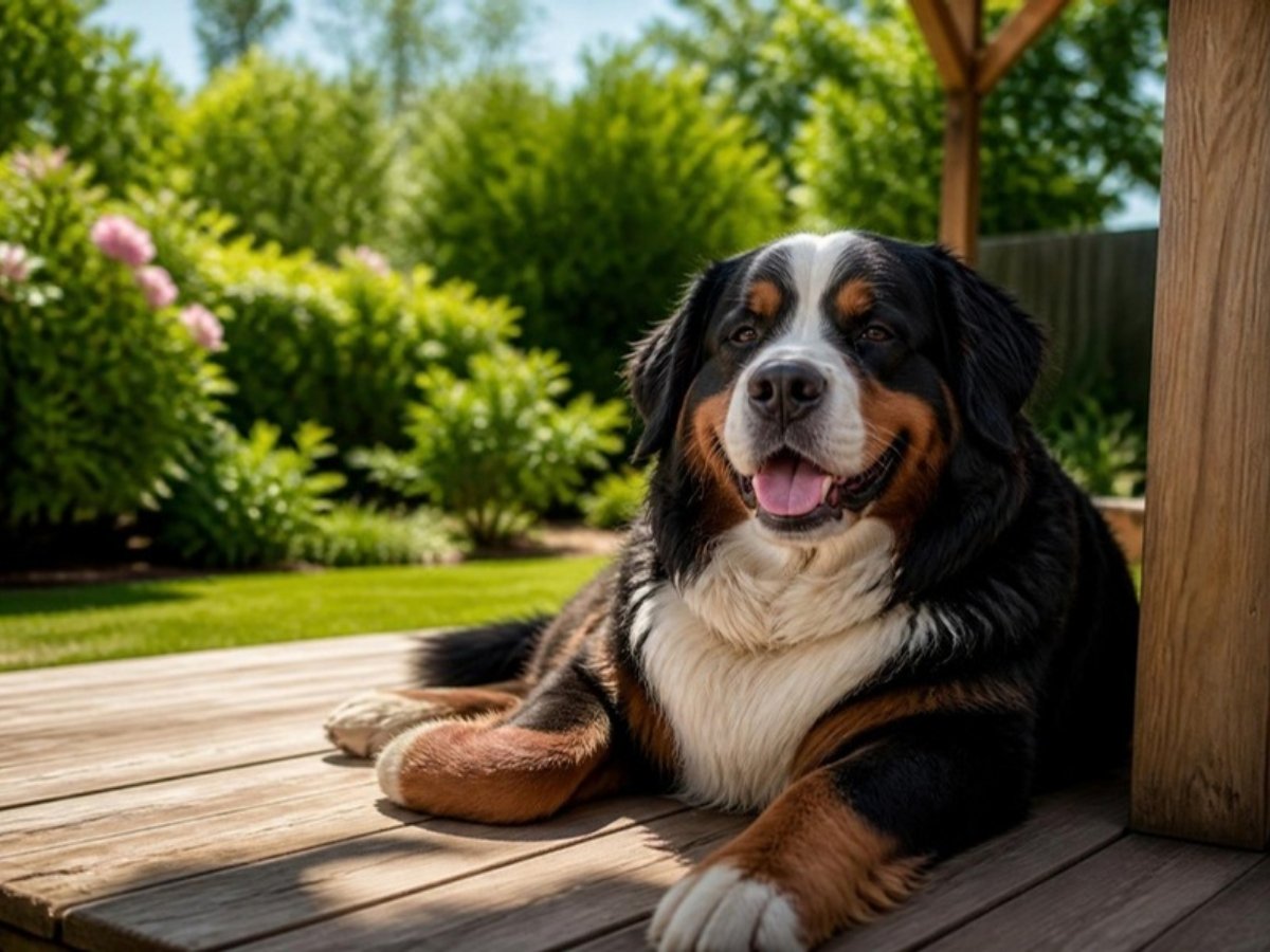 Illustrative photo of a dog relaxing on a backyard deck