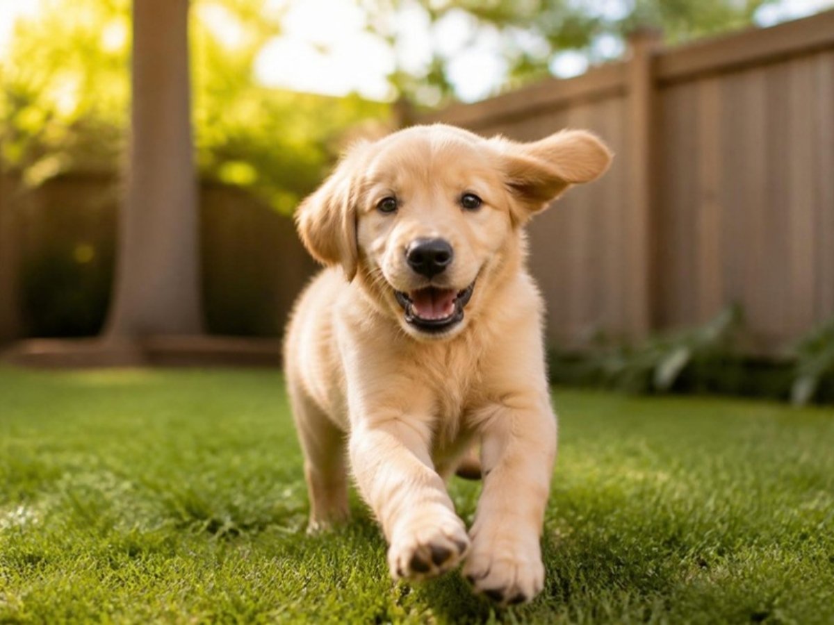 Illustrative photo of a puppy running on grass in a fenced yard