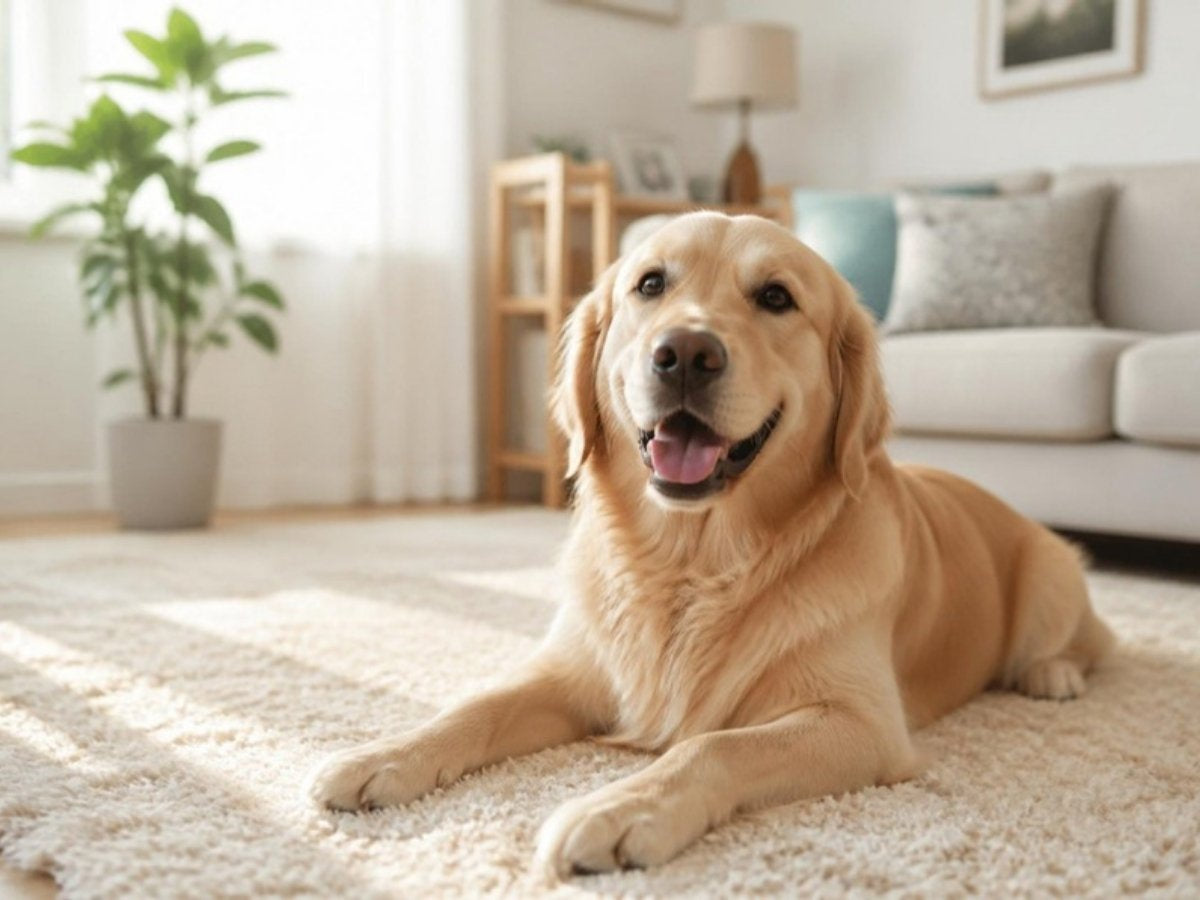 Illustrative photo of a dog lying on a cream carpet